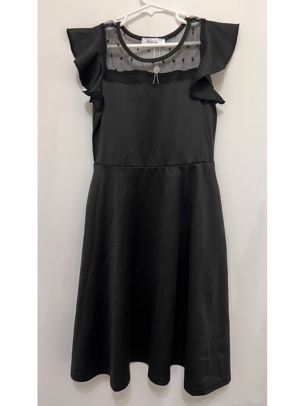 New Arshiner Girls Black Dress Mesh Polka Dot Ruffle Sleeve Formal Party Sz 10